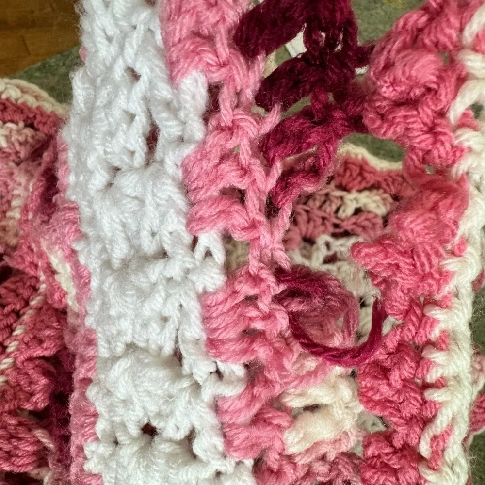 Evelyn Swallow Hand Made Crochet Knit Afghan Blanket Throw Pink and White 53x28”